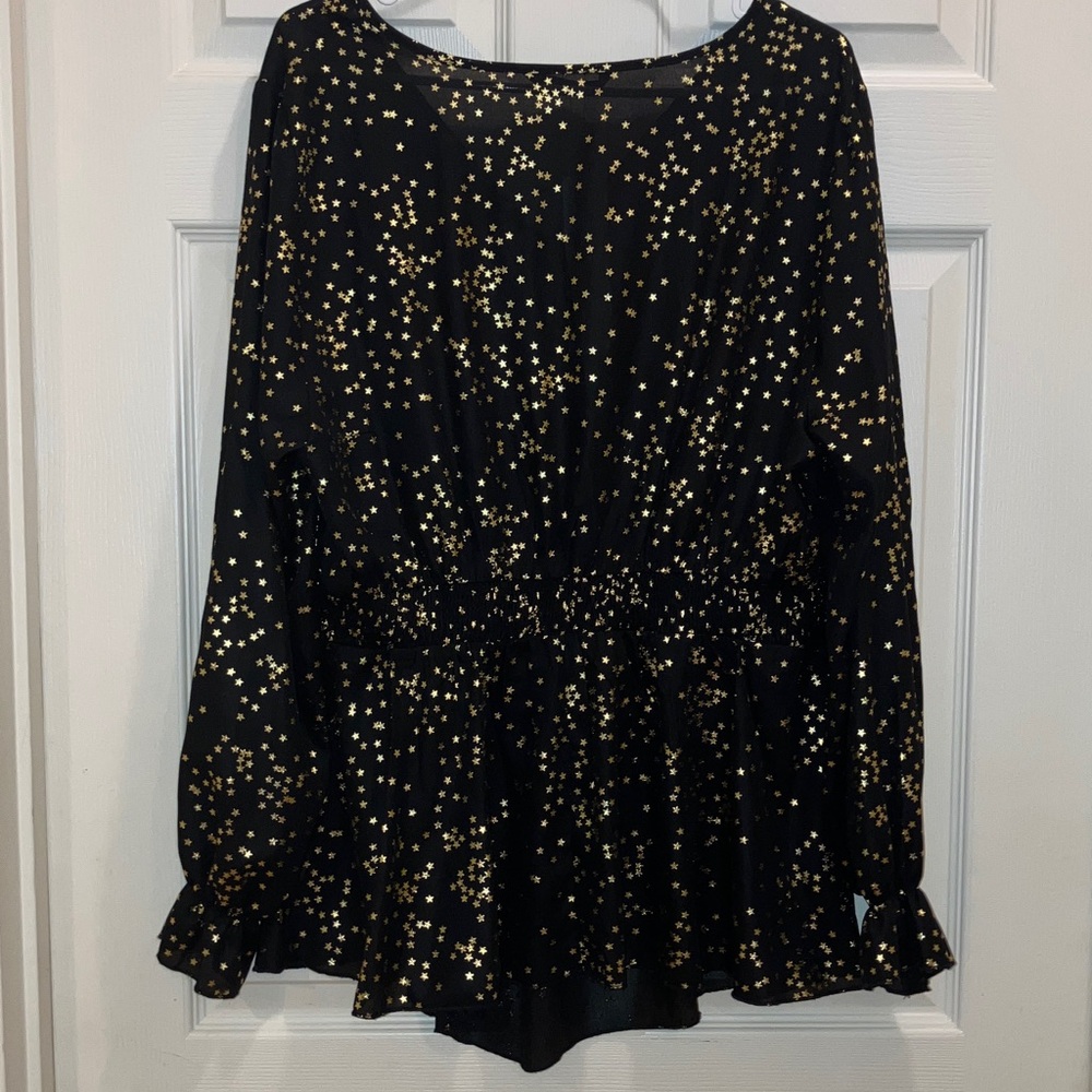 BloomChic Black Gold Metallic Star Peplum Blouse V Neck Long Sleeve Holiday Plus - Picture 5 of 5